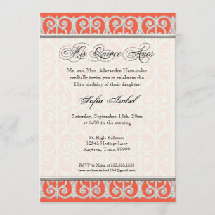 Convite Coral & prata, diamantes & laço, marmelo Anos do