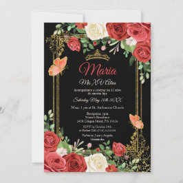 Convite Coral Red Flowers Borboleta Mis XV Anos Aniversári