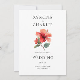 Convite Coral Red Hibiscus Floral Tropical Wedding