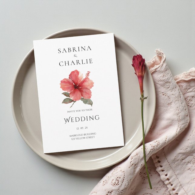 Convite Coral Red Hibiscus Floral Tropical Wedding (Coral Red Hibiscus Floral Tropical Wedding Invitation)
