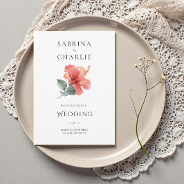 Convite Coral Red Hibiscus Floral Tropical Wedding