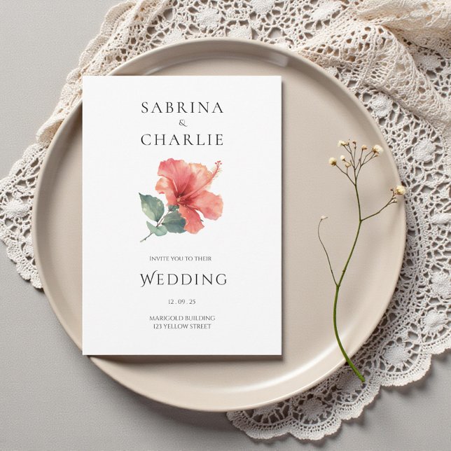 Convite Coral Red Hibiscus Floral Tropical Wedding (Coral Red Hibiscus Floral Tropical Wedding Invitation)