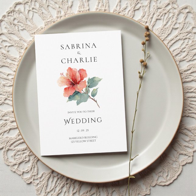 Convite Coral Red Hibiscus Floral Tropical Wedding (Coral Red Hibiscus Floral Tropical Wedding Invitation)