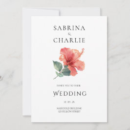 Convite Coral Red Hibiscus Floral Tropical Wedding