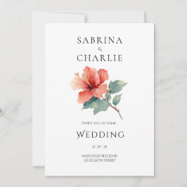 Convite Coral Red Hibiscus Floral Tropical Wedding