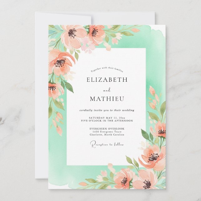 Convite Coral Romantic Floral Wedding (Frente)