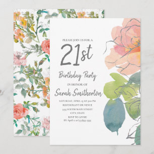 Convite Coral Rosa Boho Aquarela Floral 21º Aniversário