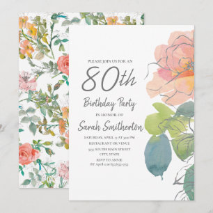 Convite Coral Rosa Boho Aquarela Floral 80º Aniversário