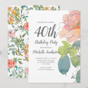 Convite Coral Rosa Boho Floral Aquarela Aniversário de 40