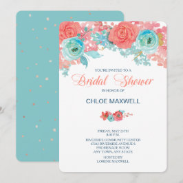 Convite Coral Rosa e Aqua Floral Chá de panela Convidado