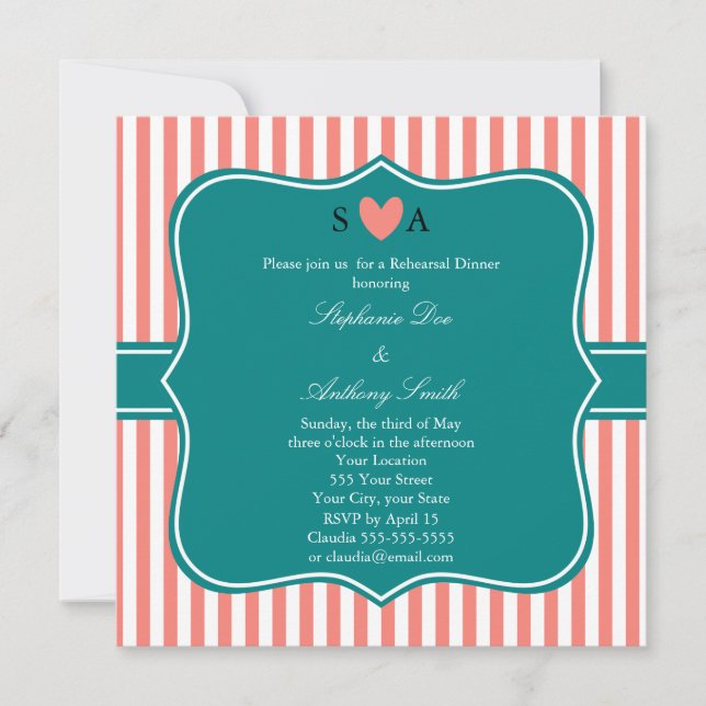 Convite Coral, rosa e tiras brancas, com lacrimejo (Frente)