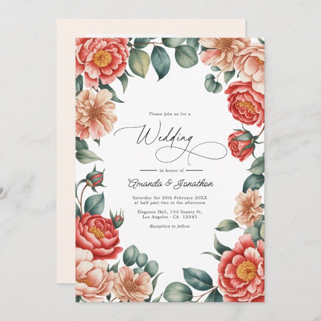 Convite Coral Rose, Apricot Blush, and Soft Mint Wedding (Frente/Verso)