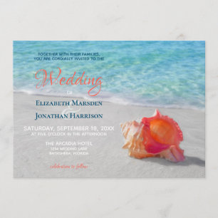 Convite Coral Seashell Modern de Casamento de Praia Tropic