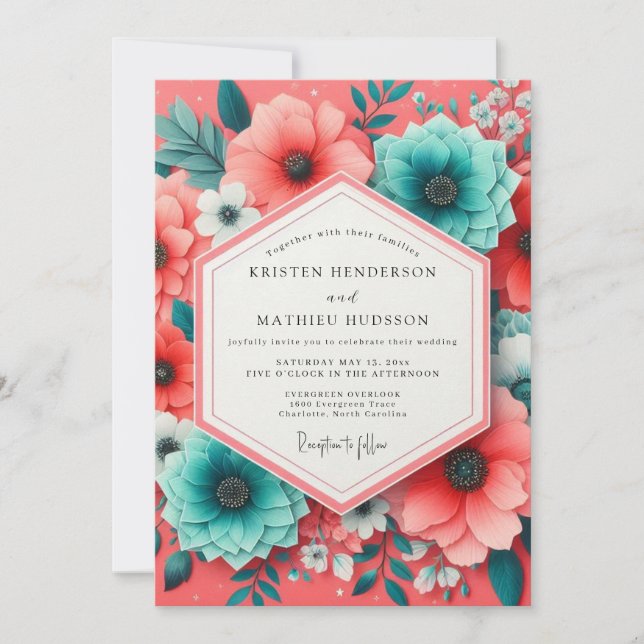 Convite Coral Teal Bloom Romance Wedding (Frente)