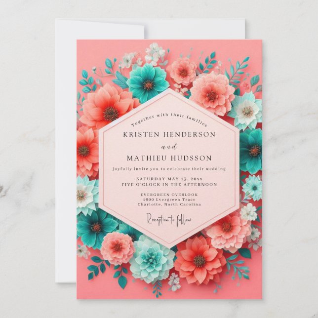 Convite Coral Teal Bloom Whimsy Wedding (Frente)
