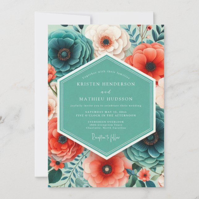 Convite Coral Teal Bold Floral Wedding (Frente)