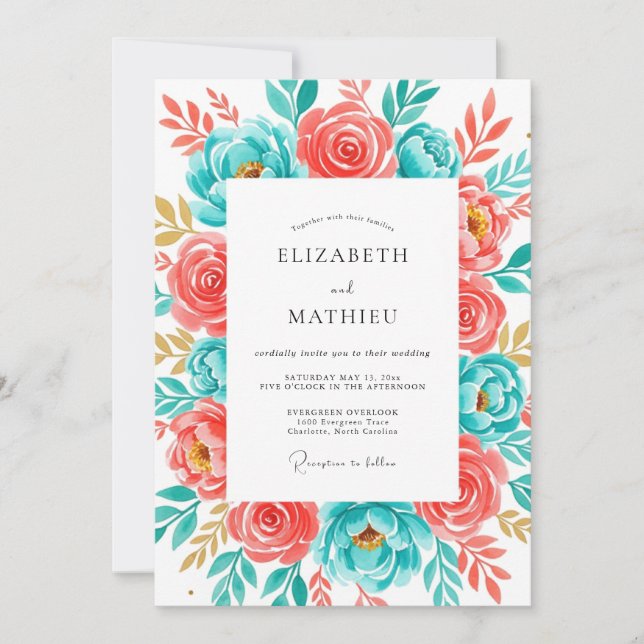 Convite Coral Teal Botanical Bliss Wedding (Frente)