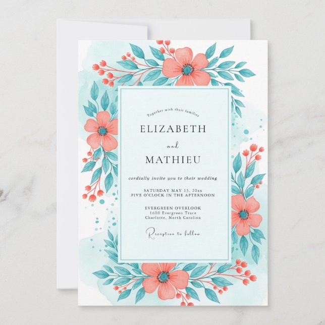 Convite Coral Teal Bright Summer Wedding (Frente)