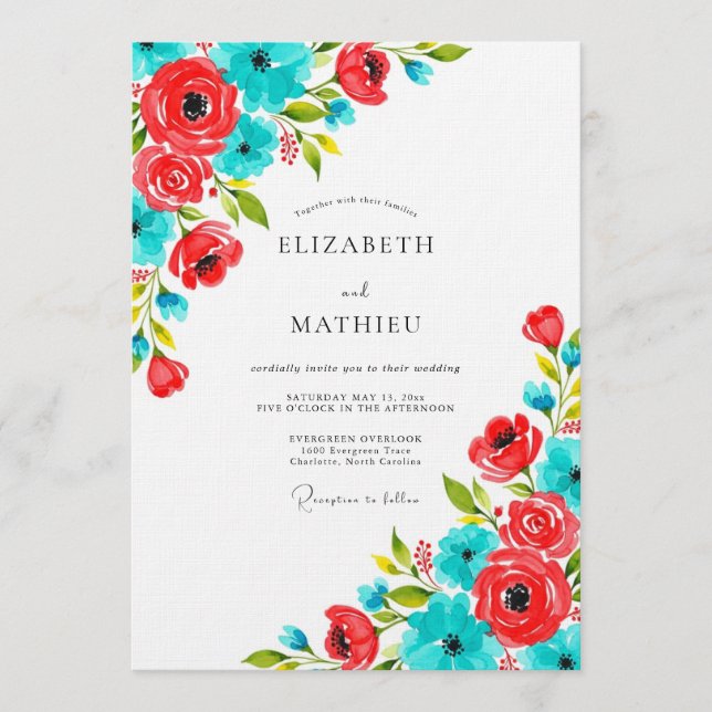 Convite Coral & Teal Floral Whimsy Wedding (Frente)