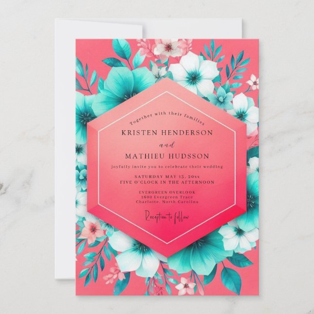 Convite Coral Teal Floral Whimsy Wedding (Frente)