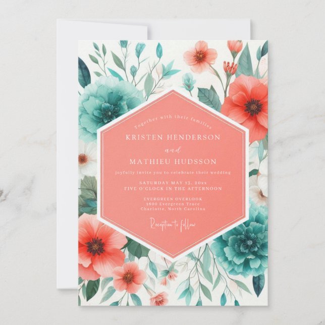 Convite Coral Teal Painterly Poppy Wedding (Frente)