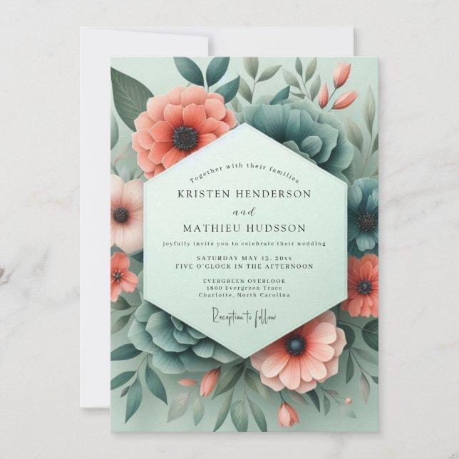 Convite Coral Teal Somber Flora Wedding (Frente)