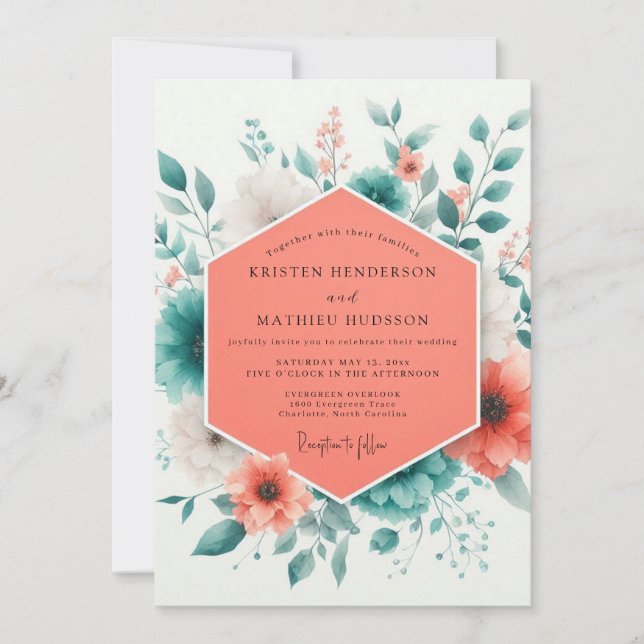 Convite Coral Teal Spring Bloom Wedding (Frente)