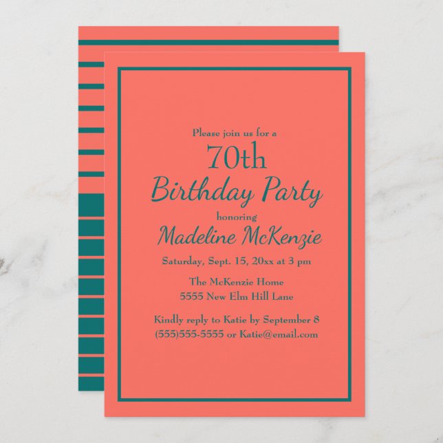 Convite Coral Teal Striped 70th Birthday Party Invite (Frente/Verso)