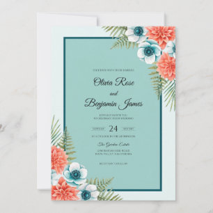 Convite Coral Teal Tropical Casamento Eucalipto Suave