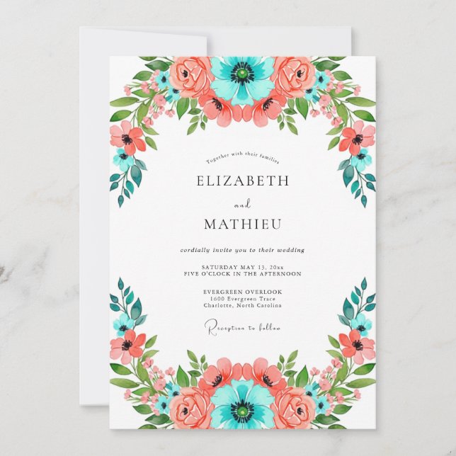 Convite Coral Teal Vibrant Floral Wedding (Frente)