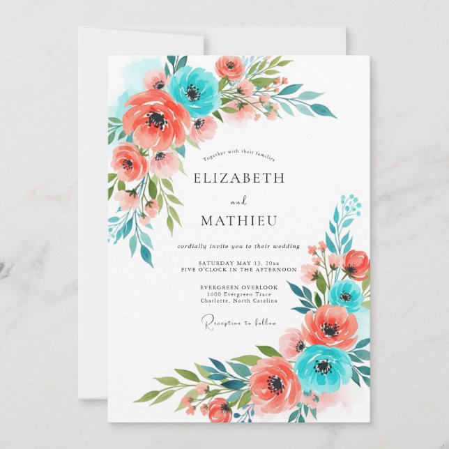 Convite Coral Teal Whimsical Floral Wedding (Frente)