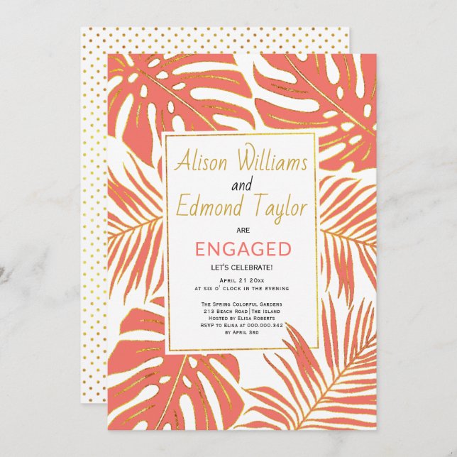 Convite Coral tropical, festa de noivado de folhas de ouro (Frente/Verso)