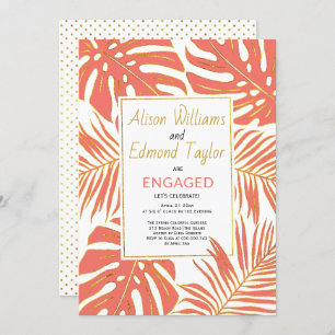 Convite Coral tropical, festa de noivado de folhas de ouro