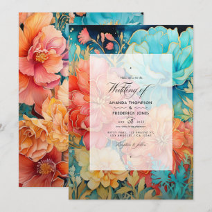 Convite Coral, Turquesa e Casamento Floral Dourado