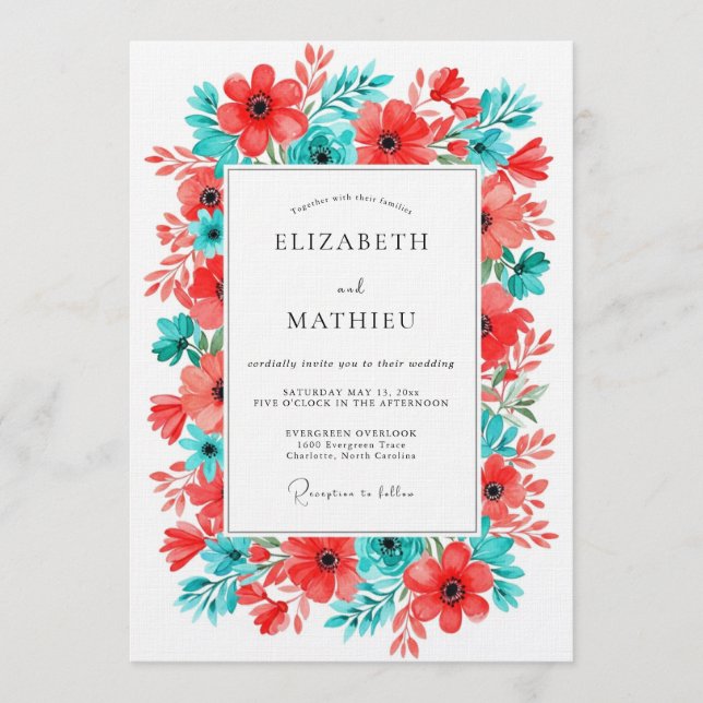 Convite Coral Turquoise Floral Bloom Wedding (Frente)