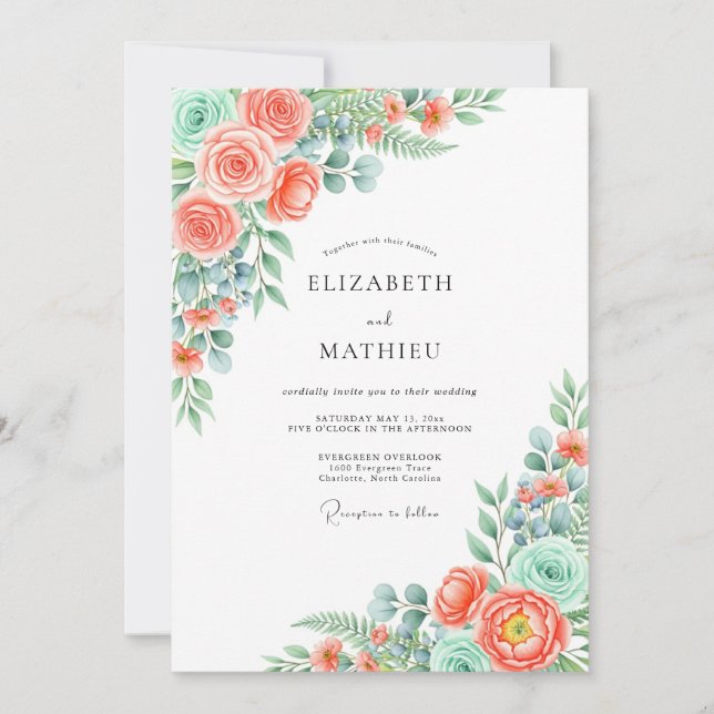 Convite Coral Verdant Blossom Wedding (Frente)