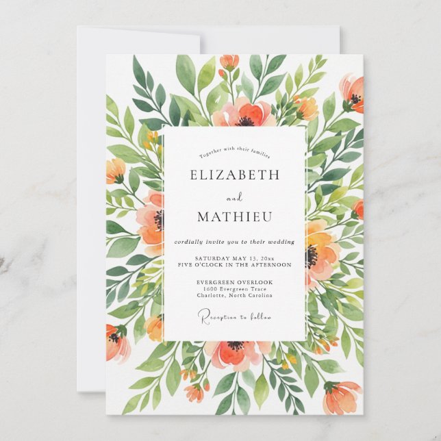 Convite Coral Verdant Floral Wedding (Frente)