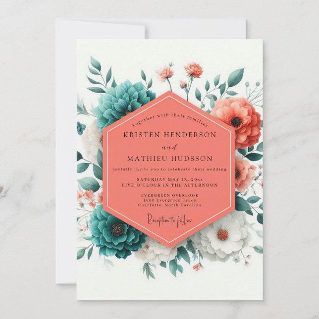 Convite Coral Viridian Artful Bloom Wedding (Frente)