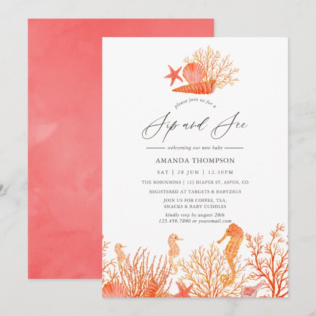 Convite Coral vivo de aquarelas sob o mar e veja (Frente/Verso)