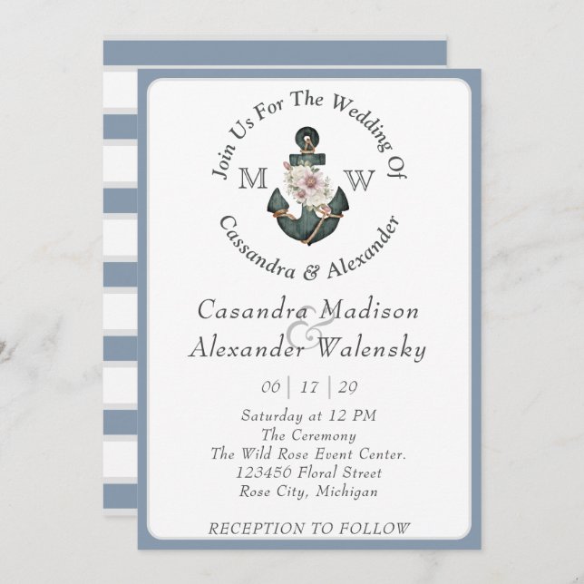 Convite Corante Floral Náutico Casamento Dusty Stripe Azul (Frente/Verso)