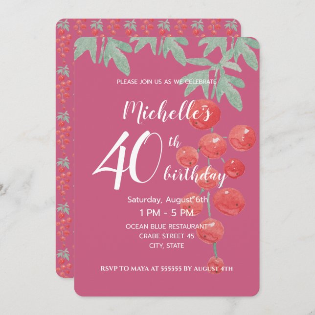 Convite Corante Vermelho Berries Aquarela, pintado à mão (Frente/Verso)