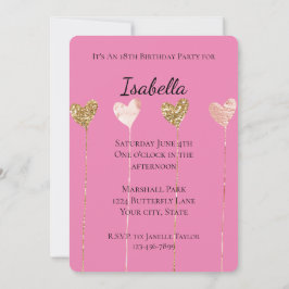 Convite Corda Coração Glam Rosa Brilho Dourado Aniversário