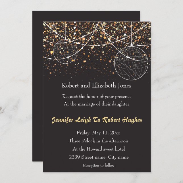 Convite Corda de luzes Dourada Confetti Wedding (Frente/Verso)