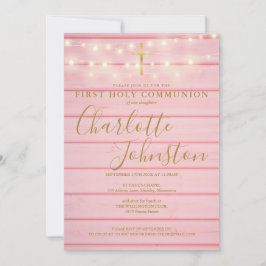Convite Corda de Madeira Rosa Luz Primeira Comunhão Sagrad