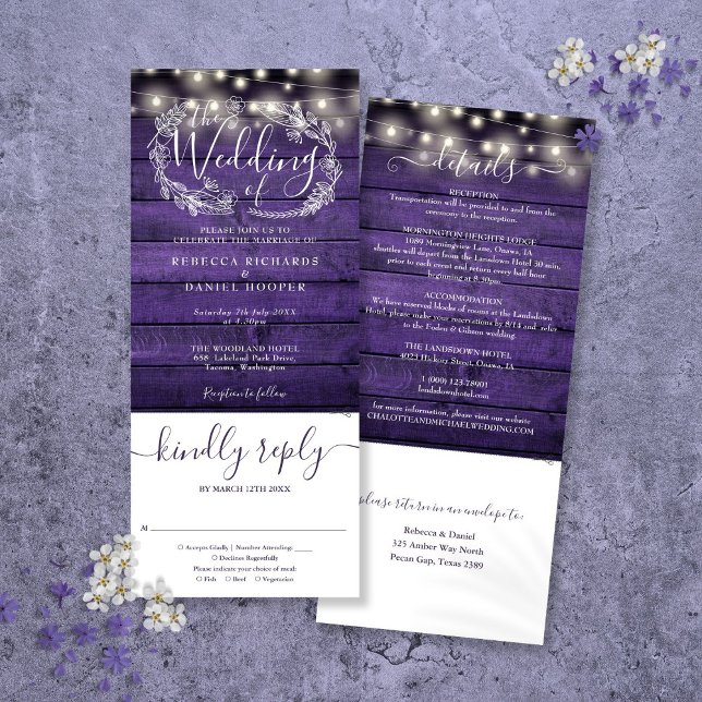 Convite Corda De Madeira Roxa Acende Tudo Em Um Casamento (Purple Wood String Lights All In One Wedding Invitation)