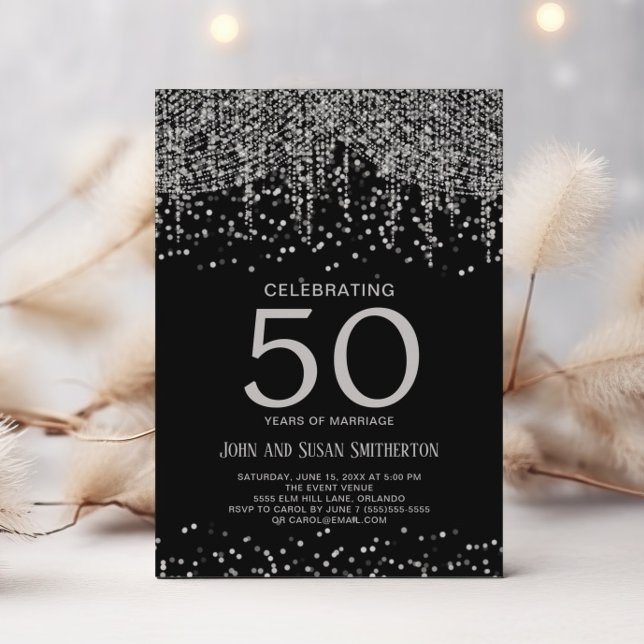 Convite Corda de Prata - Brilho Claro Preto 50º Aniversári (Elegant silver and black 50th anniversary invitation)