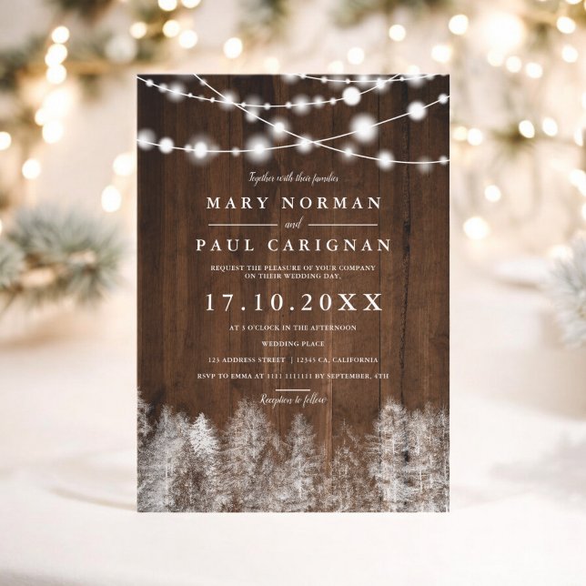 Convite Corda russa de inverno acende casamento florestal (Rustic wood winter string lights forest wedding invitation)