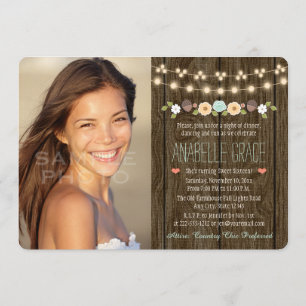 Convite Corda Teal de Luzes Rústicas Doce Dezesseis