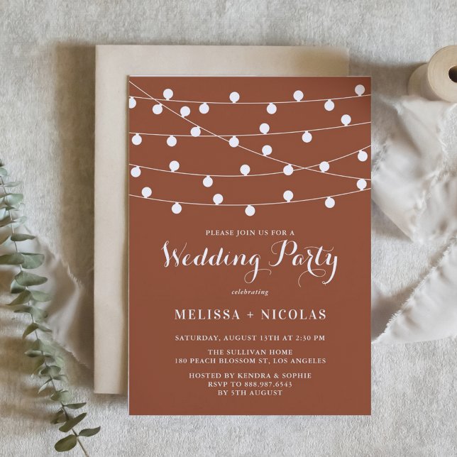 Convite Corda Whimsic Ilumina Festa de casamento Terracott (Whimsical String Lights Terracotta Wedding Party Invitation)