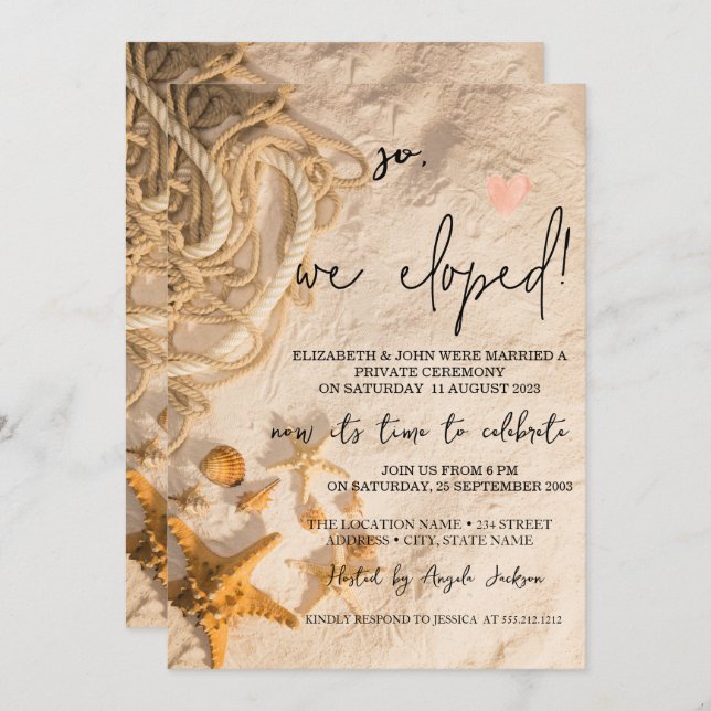 Convite Cordão de Conchas Casamento Fuga à Praia   (Frente/Verso)
